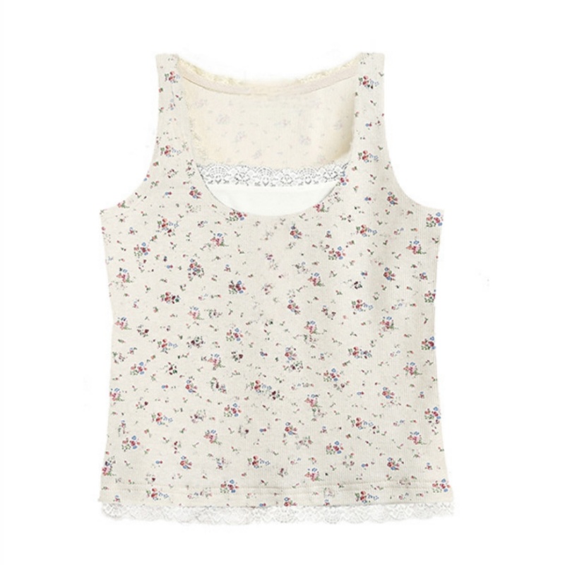 Cute Ditsy Floral Tank Top With Lace Trim