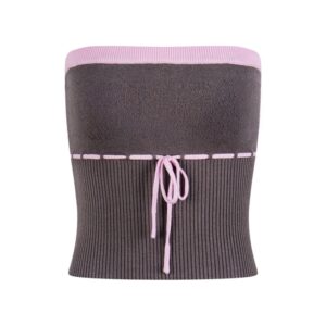 Color-Block Strapless Tank Top With Lace-Up Detail — Pink & Grey