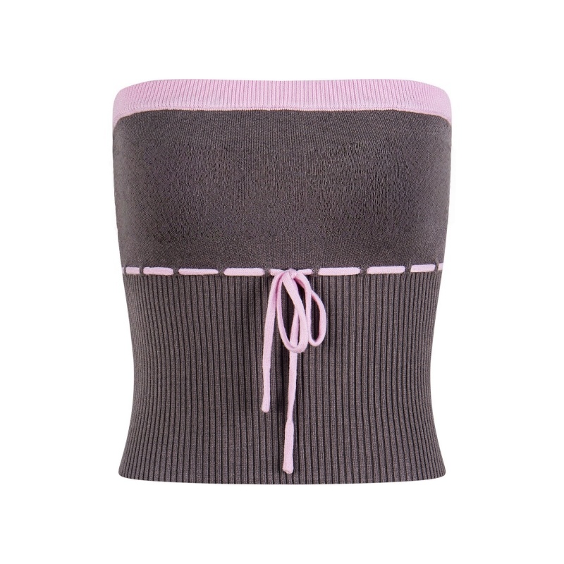 Color-Block Strapless Tank Top With Lace-Up Detail — Pink & Grey
